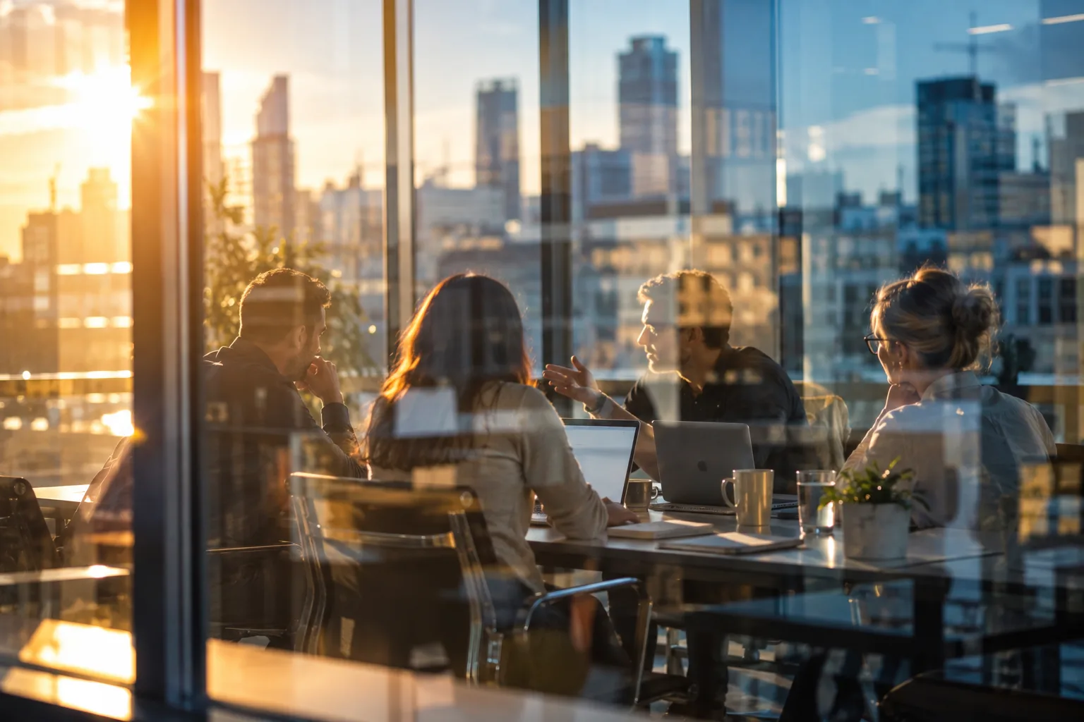The TAL residential broadband team meeting, seen through an office window