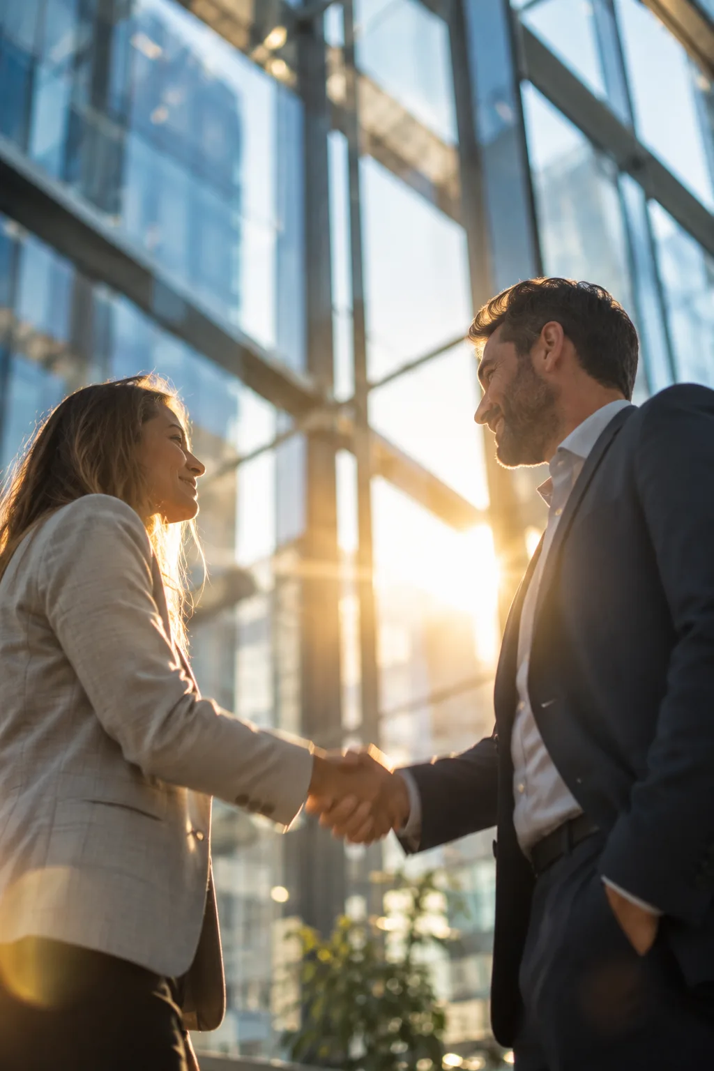 Two colleagues shaking hands in a sunlit glass atrium